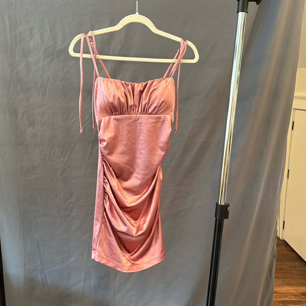Pink spaghetti strap homecoming dress by Honey and Rosie (minor seam split)